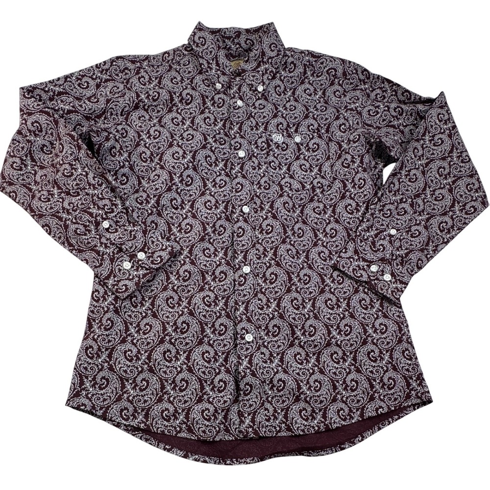 Wrangler Men Large Paisley Button Down Shirt Burgundy western cowboy rodeo farm